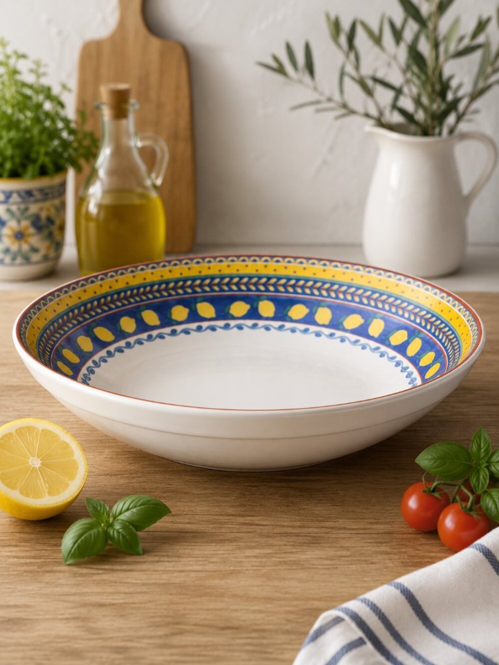 Furio Home Portugal Lemon Serving Bowl | 12.75” Hand-Painted Ceramic